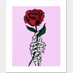 Red Rose Flower Skeleton Hand Posters and Art